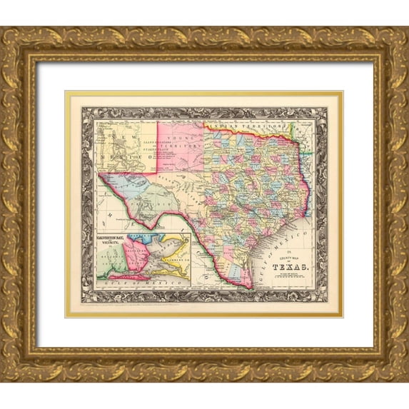 Mitchell, Samuel Augustus 24x20 Gold Ornate Wood Framed with Double Matting Museum Art Print Titled - County Map Of Texas, 1860