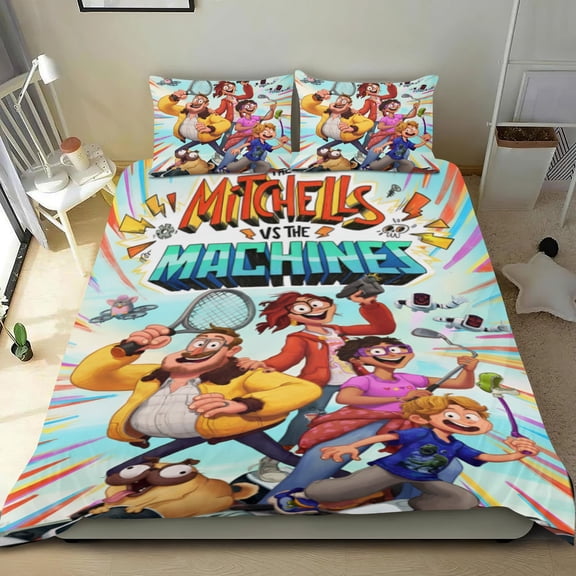 The Mitchells vs. The Machines Themed Bed Sheet Set Three Piece Set 53x79 In ches Comfortable And Skin Friendly Unique Design Creating A Star Studded Night Home Decor Gifts For Family Friends fans