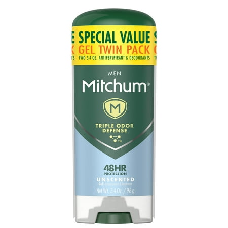 Mitchum Men Triple Odor Defense Antiperspirant Deodorant Gel Twin Pack, Unscented, 3.4 oz