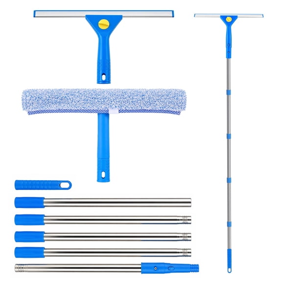EEEkit Window Cleaning Kit with 78.7 in Extension Pole, 2-in-1 Squeegee and Microfiber Scrubber for High Windows, Mirrors and Car Windshields