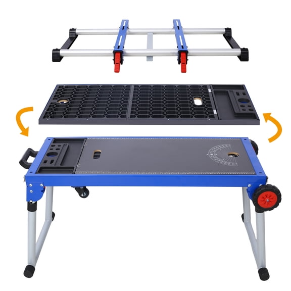 Miter Saw Stand, 5-In-1 Portable Workbench, Quick Folding Work Table With Detachable Miter Saw Stand & Height Adjustable Legs, Scaffold/Dolly/Creeper/Platform For Woodworking, Repair, Masonry
