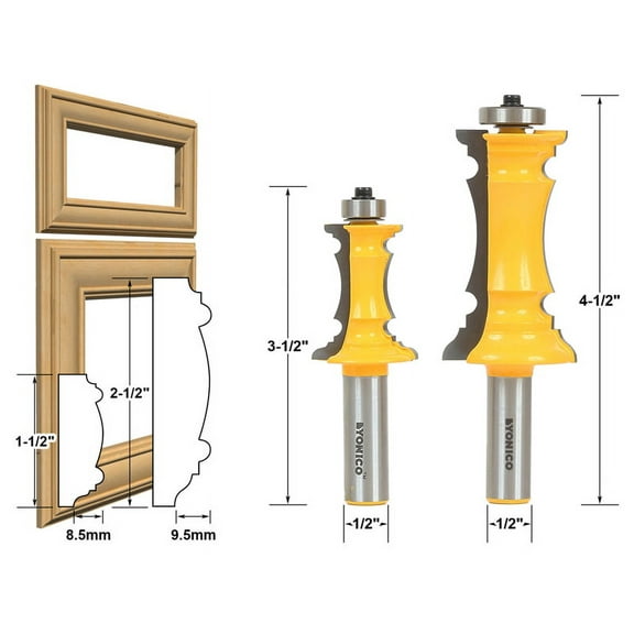 Mitered Door & Drawer Molding 2 Bit Router Bit Set 1/2" Shank - Yonico 16266