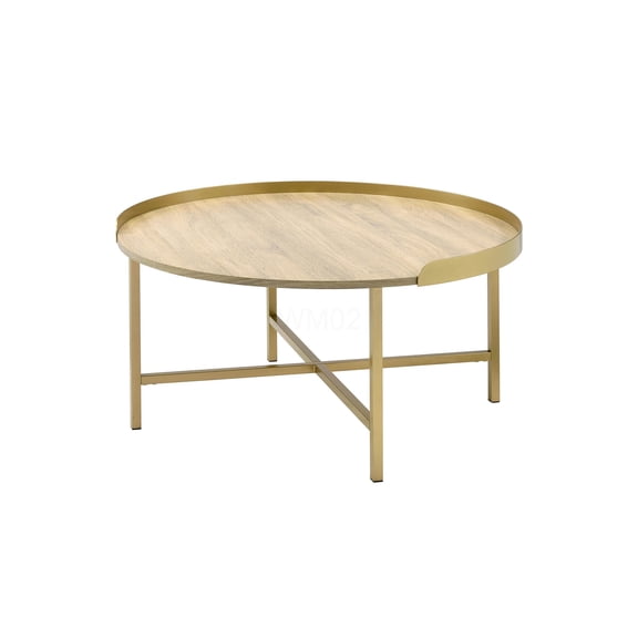 Mithea Round Gold Oak Coffee Table, Modern Tray Top Accent Table with Cross Metal Base for Living Room
