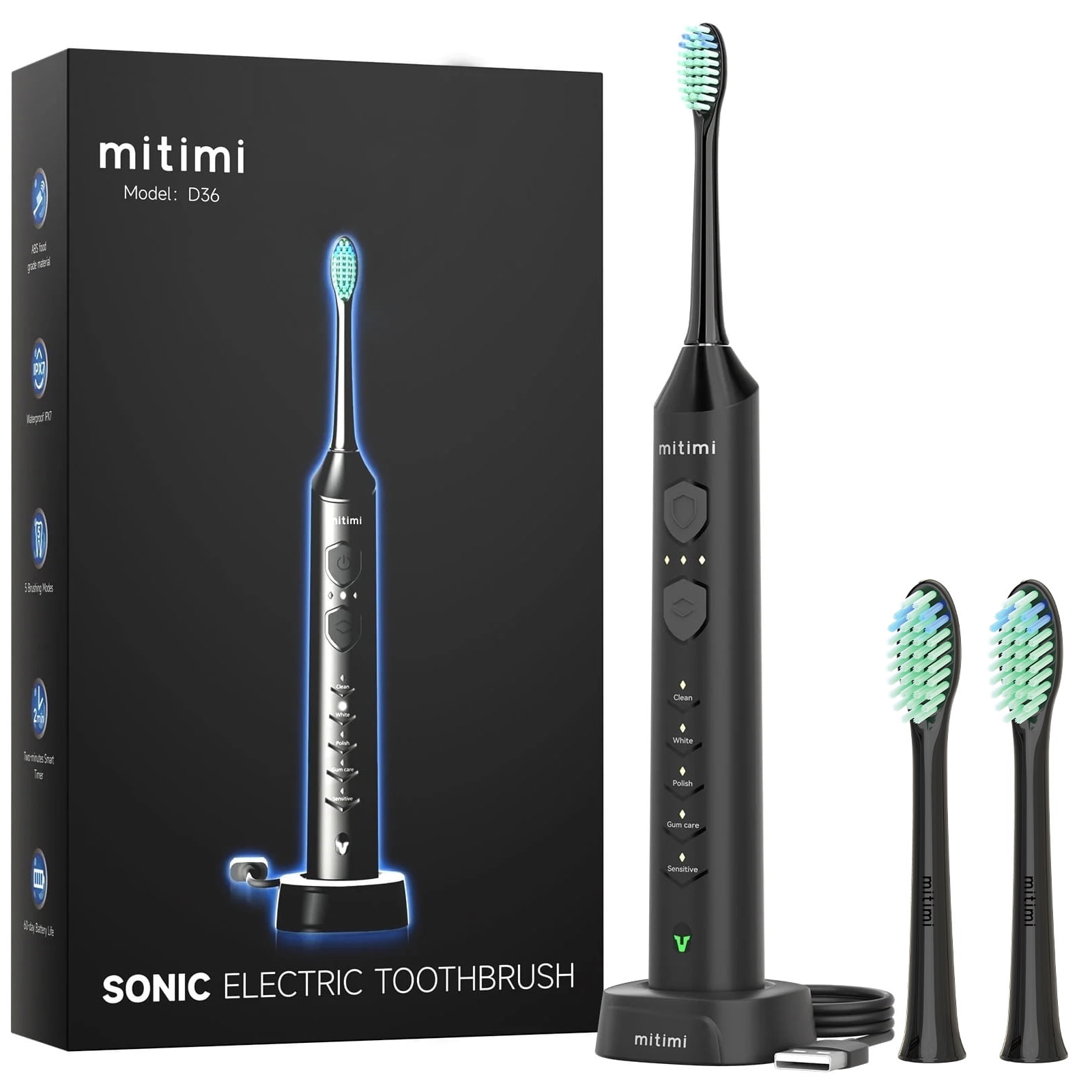 Walmart discount codes: mitimi D36 Sonic Electric Toothbrush, 40,000 VPM, 5 Modes, 3 Intensity Levels, Wireless Charging