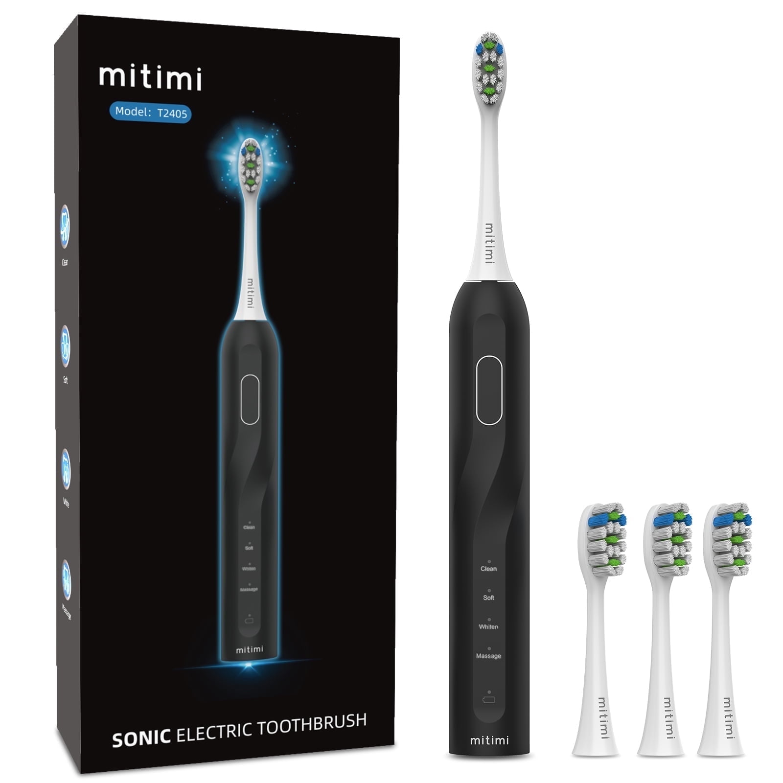 Walmart Black Friday Deals 2025 - mitimi T2405 Sonic Electric Toothbrush, 40,000 VPM, 4 Modes, Smart Timer, IPX7 Waterproof, Black