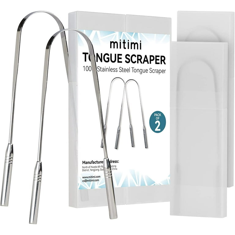 Mitimi Tongue Scraper with Case - 2 Pack, Fights Bad Breath, 100% Stainless  Steel