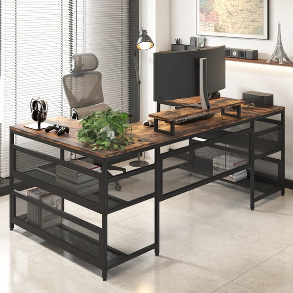 Mitinya U-Shaped Desk with LED Lights, Storage Shelves, Drawers, Brown