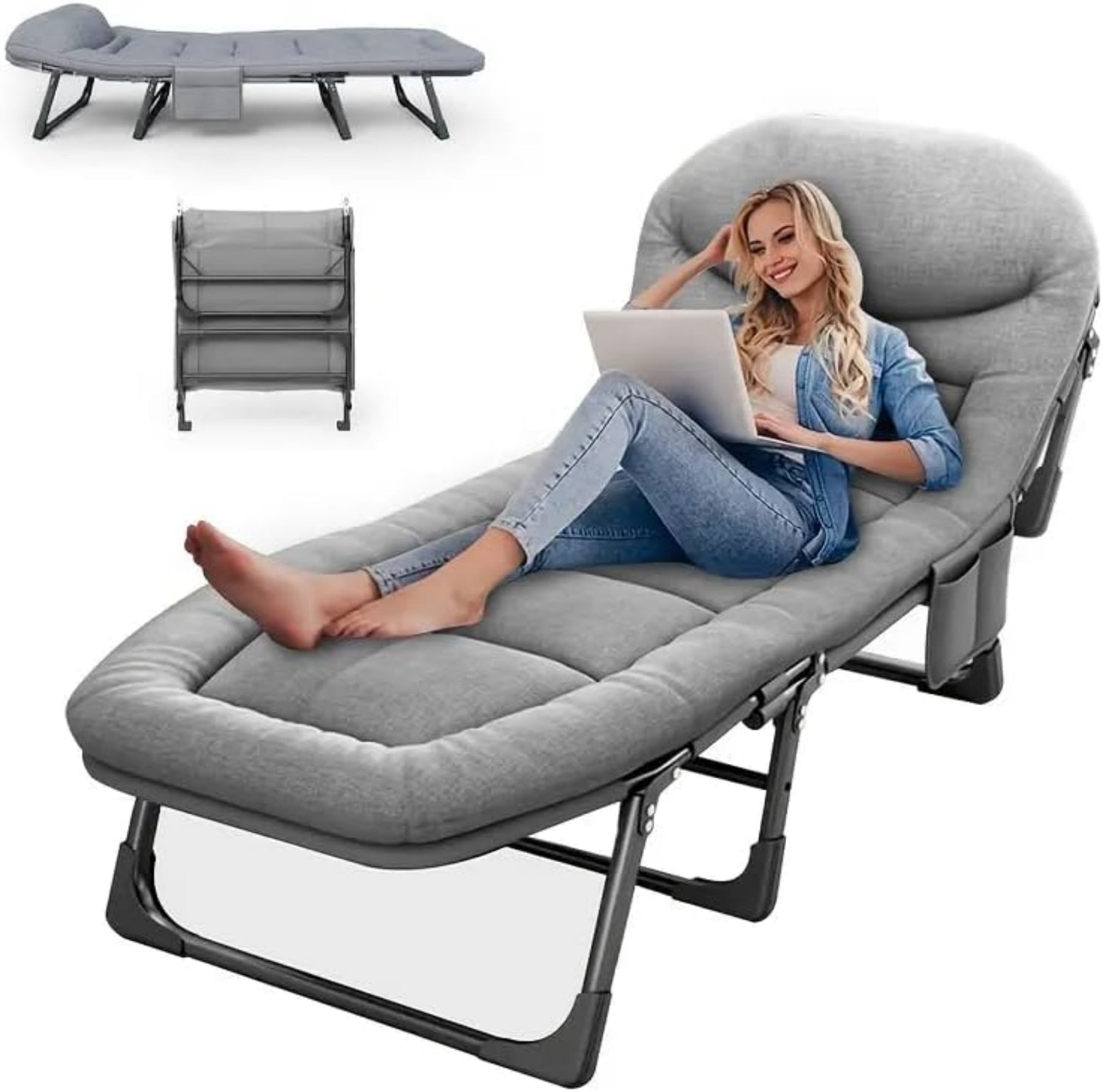 Mitofox Folding Camping Cot Bed with Cotton Mattress,The Bottom Bipedal Design Support Sleeping Cot with Storage Bags for Hiking Home Office and Vacation 70"* 24",Gray