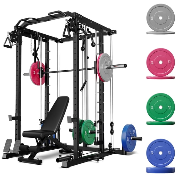 Mitonos Multi-Function Smith Power Cage, 2000 LBS Heavy Duty Squat Rack with Dual Cable Crossover System, All-in-One Home Gym Strength Training Frame with Fitness Accessories