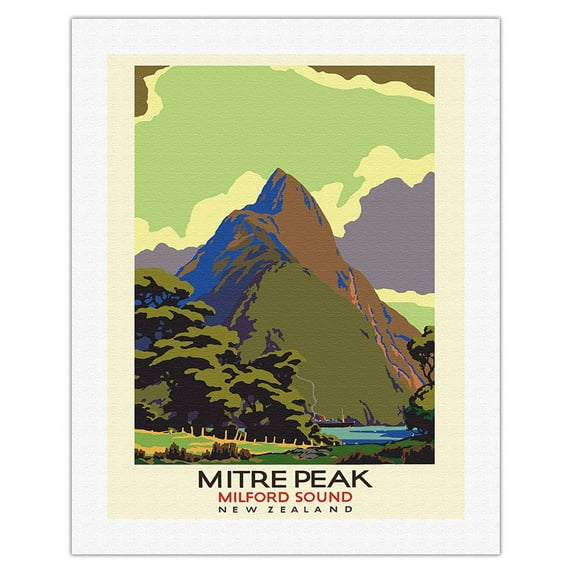 Mitre Peak (Māori Rahotu) - Milford Sound - New Zealand - Vintage Travel Poster c.1930s - Fine Art Rolled Canvas Print 20in x 26in