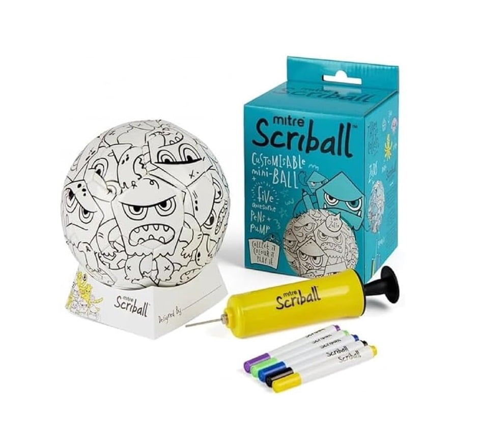 Mitre Scriball Kids Coloring DIY Soccer Ball, Pump, & Display Stand - Mini Soccer Ball with 5 Markers - 3 Fun Character Designs - Creative Soccer Toy for Kids
