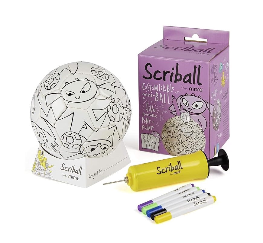 Mitre Scriball Kids Coloring DIY Soccer Ball, Pump, & Display Stand - Mini Soccer Ball with 5 Markers - 3 Fun Character Designs - Creative Soccer Toy for Kids