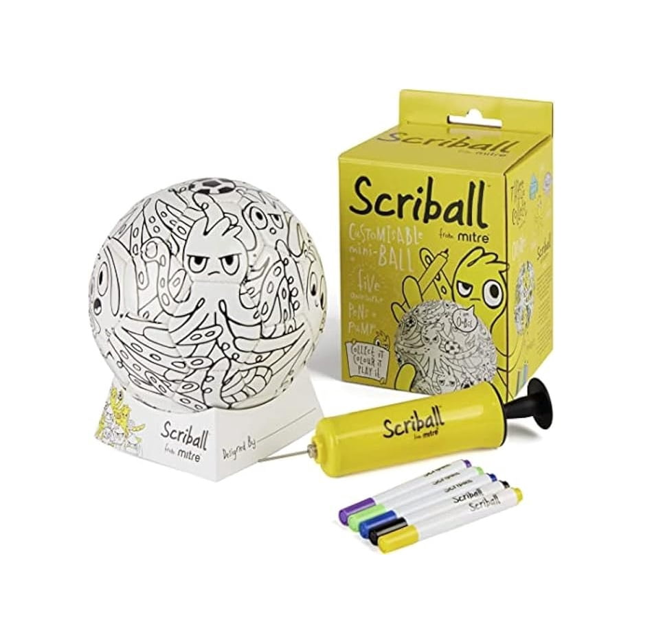 Mitre Scriball Kids Coloring DIY Soccer Ball, Pump, & Display Stand - Mini Soccer Ball with 5 Markers - 3 Fun Character Designs - Creative Soccer Toy for Kids
