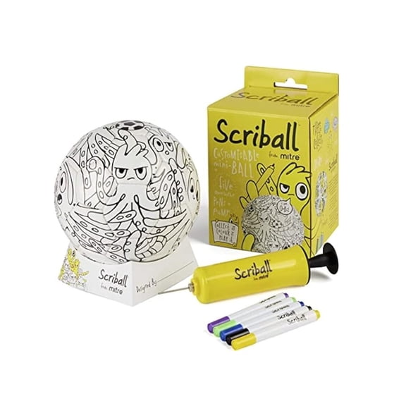 Mitre Scriball Kids Coloring DIY Soccer Ball, Pump, & Display Stand - Mini Soccer Ball with 5 Markers - 3 Fun Character Designs - Creative Soccer Toy for Kids