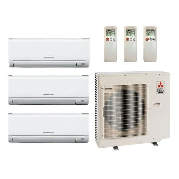 Mitsubishi 30,000 Btu 19.2 SEER2 3-Zone Ductless Mini Split Heat Pump System - 6K-6K-18K - MXZ3C30NA - (2) MSZ-GS06NA - MSZ-GS18NA