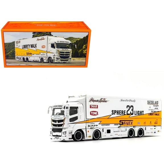Mitsubishi Fuso Super Great Transporter RHD #23 "Liberty Walk LB-Trucks" White with Yellow & Graphics 1/64 Diecast Model by GCD