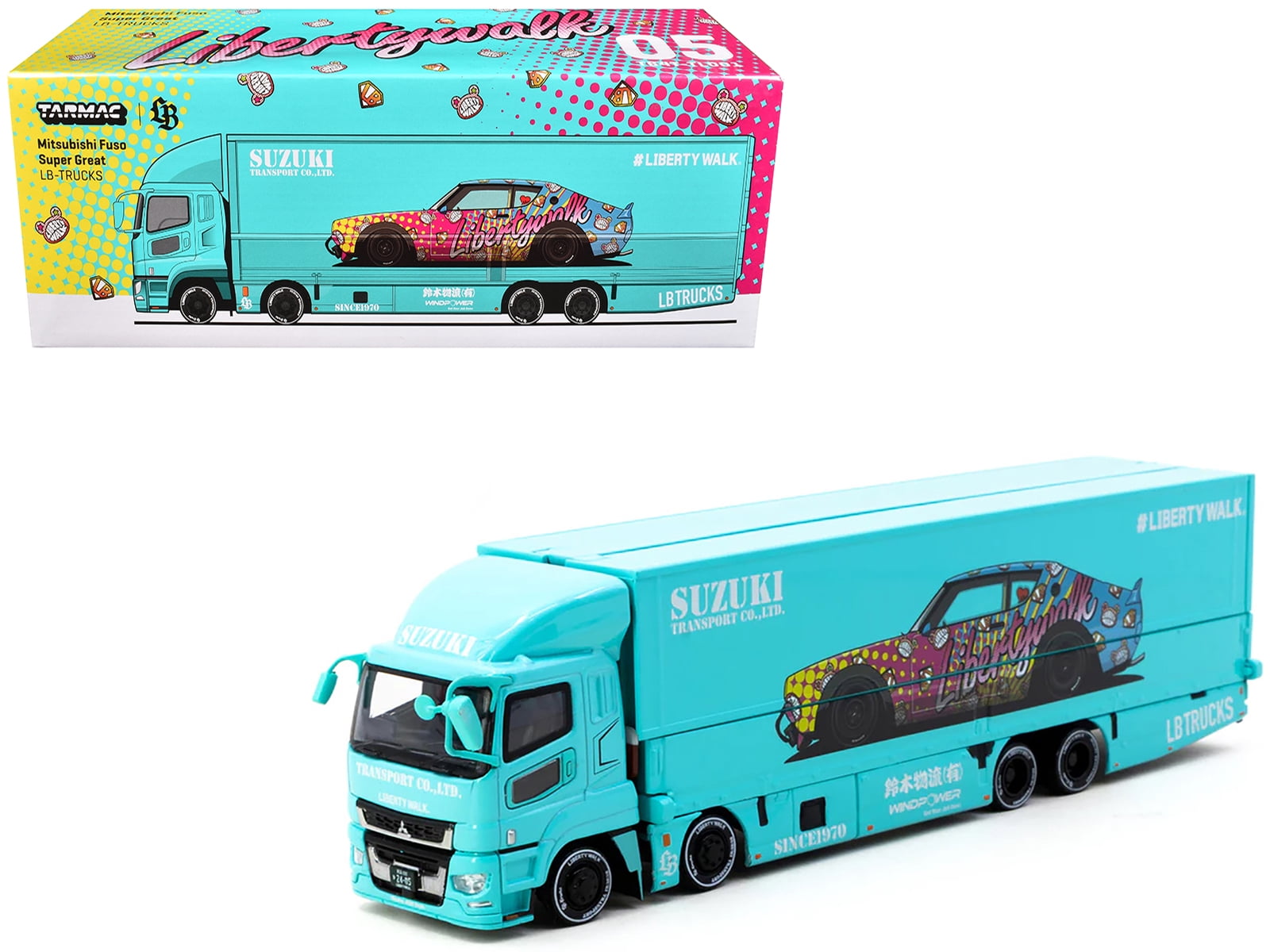 ミニカー TARMAC 1/64 LBWK Truck Mitsubishi Fuso Mitsubishi Fuso Truck with Transporter Light Blue with Graphics 1