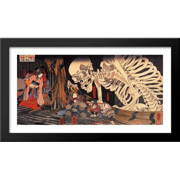 Mitsukini Defying the Skeleton 40x22 Large Black Wood Framed Print Art by Utagawa Kuniyoshi