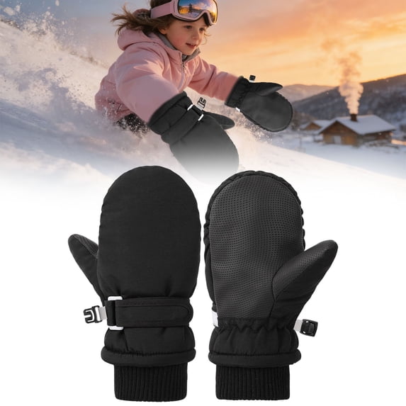 Mittens, Waterproof Lined Winter Ski Gloves, Windproof Long-Cuff Snow Mittens, Non-Slip Palm for Ski Snow Play Black L Size