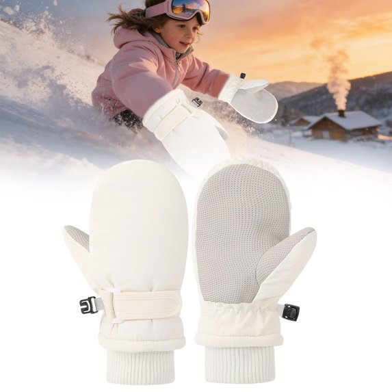 Mittens, Waterproof Lined Winter Ski Gloves, Windproof Long-Cuff Snow Mittens, Non-Slip Palm for Ski Snow Play White S Size