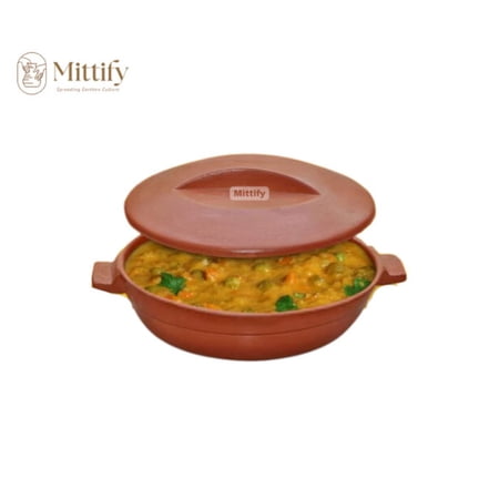 Mittify Clay Kadai with lid - 1.5 Liters for Cooking. Unglazed and 100% Natural Terracotta Cookware / Microwave Safe.