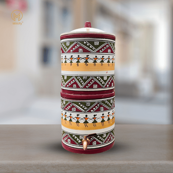 Mittify Handmade Clay Water Filter with Lid & Metal Tap | Earthen Dancing Doll Design Water Filter | Eco-Friendly Clay Filter (676oz/20L)