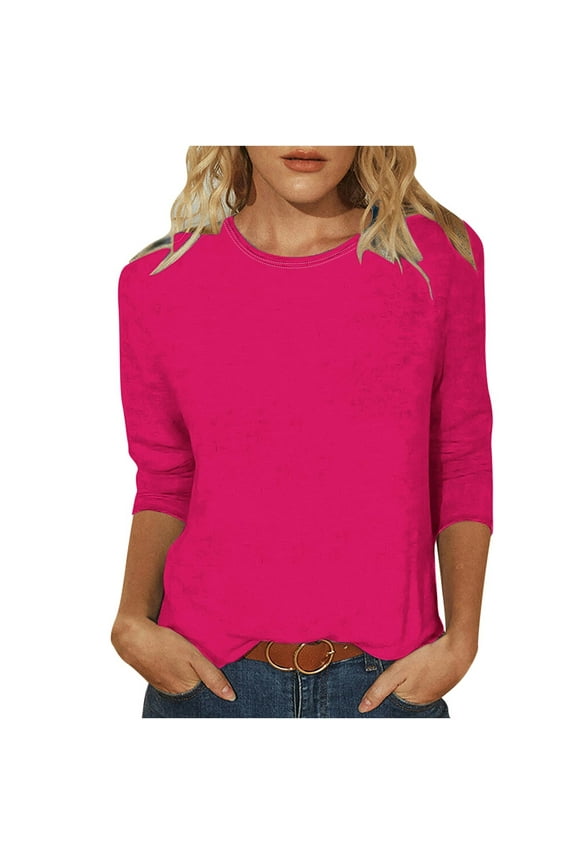 3/4 Length Sleeve Shirts for Women Casual Spring Blouses Crewneck Soild Color Cute Loose Fit Tops