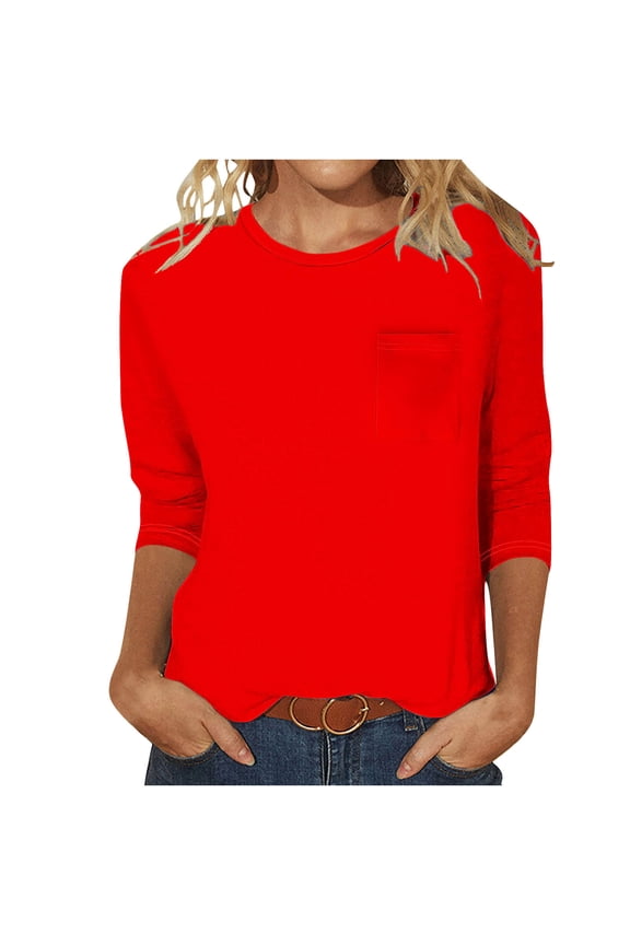 3/4 Length Sleeve Shirts for Women Casual Spring Blouses Crewneck Soild Color Cute Loose Fit Tops