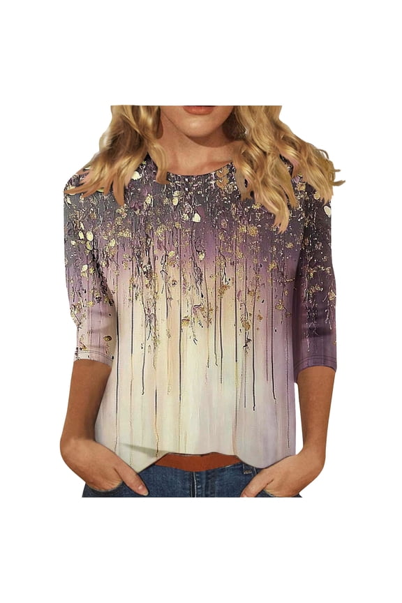 3/4 Length Sleeve Shirts for Women Plus Size Tops Floral Print Tees Blouses Crewneck Loose Casual T Shirts
