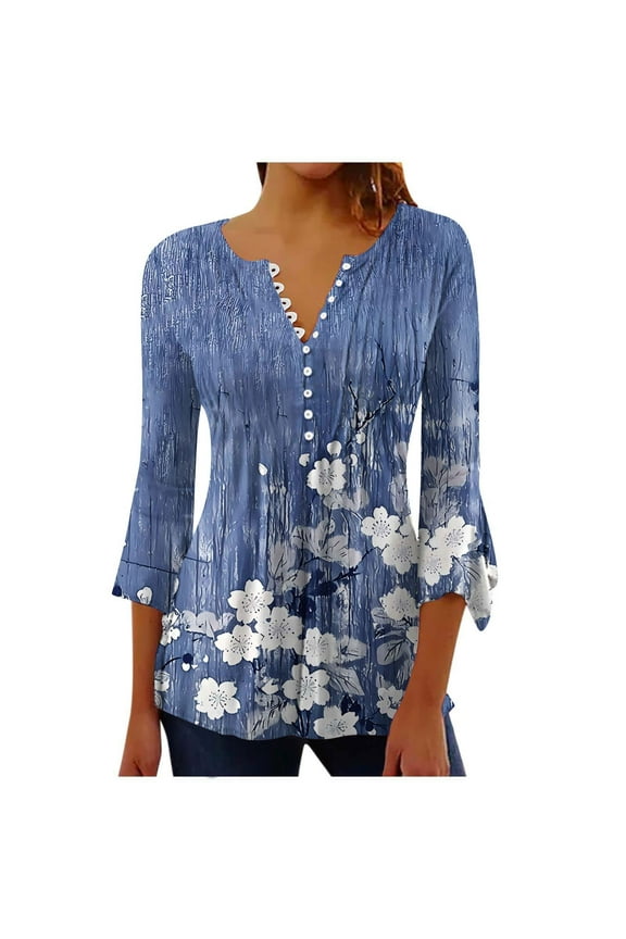 3/4 Length Sleeve Womens Tops Floral Print V Neck Tshirt Trendy Bell Sleeve Top Summer Button Down Blouses