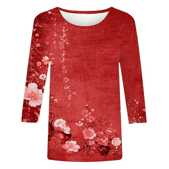 Mittory 3/4 Length Sleeve Womens Tops Floral Print Vintage Fashion Casual Loose with Round Neck Shirts Work Tee Top