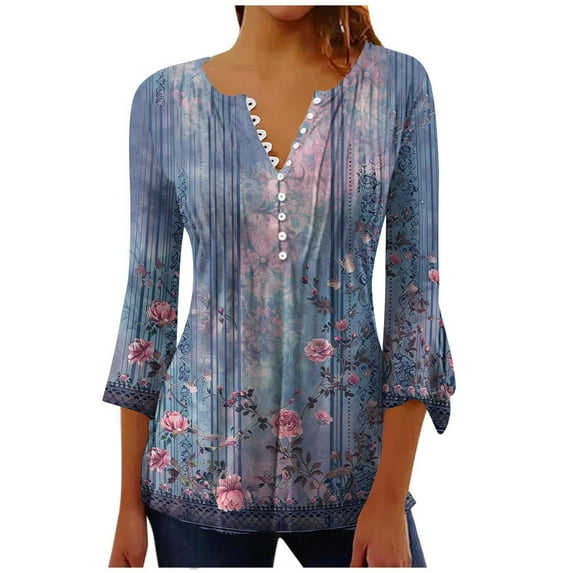 Mittory 3/4 Length Sleeve Womens Tops Floral Print Vintage Shirt Button V Neck Pleated Top Dressy Casual Tunic Blouses