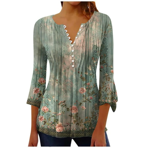 Mittory 3/4 Length Sleeve Womens Tops Floral Print Vintage Shirt Button V Neck Pleated Top Dressy Casual Tunic Blouses