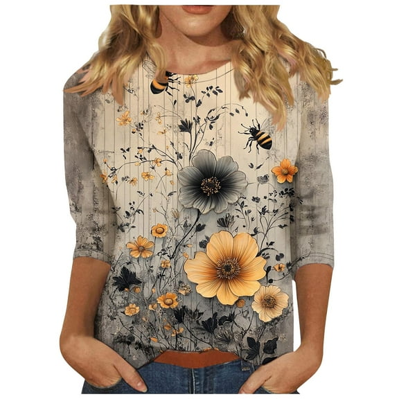 Mittory 3/4 Length Sleeve Womens Tops Round Neck Cute Tunic Tops Basic Tees Blouses Loose Fit Casual Dressy Blouses