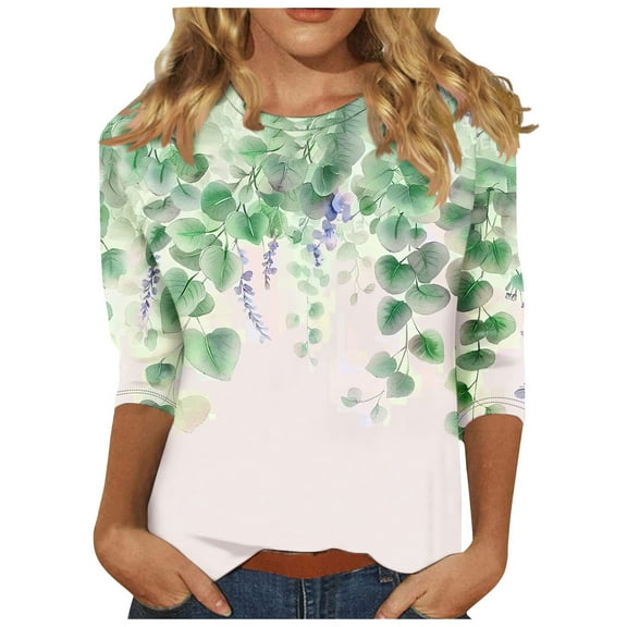 Mittory 3/4 Length Sleeve Womens Tops Trendy Boho Floral Print Tunic Tops Dressy Casual Round Neck Loose Blouse