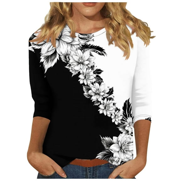 Mittory 3/4 Length Sleeve Womens Tops Trendy Boho Floral Print Tunic Tops Dressy Casual Round Neck Loose Blouse