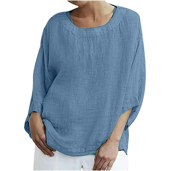 Mittory 3/4 Sleeve Tops for Women Summer Blouses Cotton Line Shirts Plus Size Tshirts Casual Loose Fit Tops