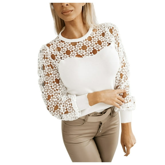 Mittory Blouse for Women Long Sleeve Lace Crewneck Shirts Fall Cute Solid Color Business Tunic Clothes