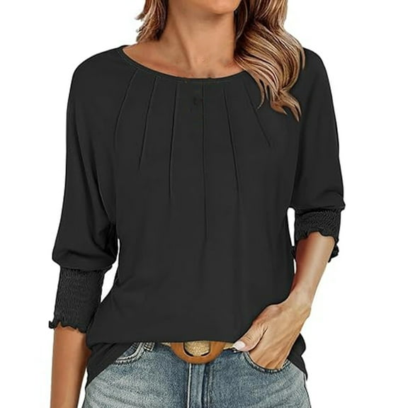Mittory Blouses for Women Dressy Casual 3/4 Length Sleeve Womens Tops with Smocked Cuffs
