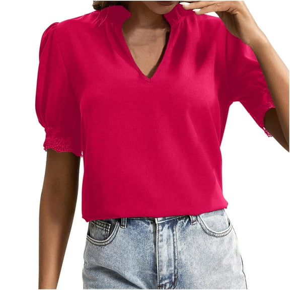 Mittory Blouses for Women Dressy Casual Puff Short Sleeve Summer Tops V Neck Work Blouses