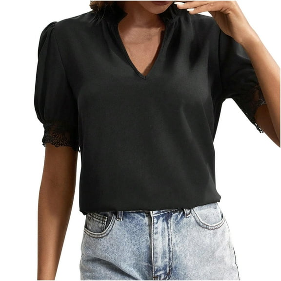 Mittory Blouses for Women Dressy Casual Puff Short Sleeve Summer Tops V Neck Work Blouses