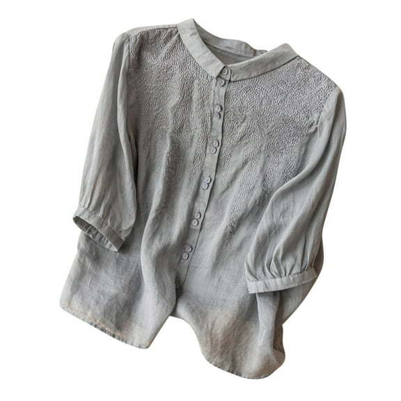 Mittory Blouses for Women Summer Cotton Linen Embroidered Shirt Mexican Short Sleeve Tops