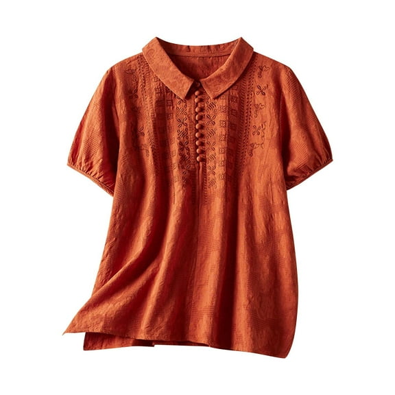 Mittory Boho Embroidered Tops for Women Summer Cotton Linen Peasant Blouses Short Sleeve Bohemian Shirts