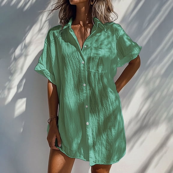 Mittory Button Down Shirts for Women Short Sleeve Lapel V Neck Cotton Linen Dress Shirt Summer Trendy Tunic Blouse