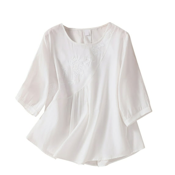 Mittory Button Down Shirts for Women Solid Color Tunic Summer Tops Dressy Casual Loose Short Sleeve Crew Neck Henley Blouse