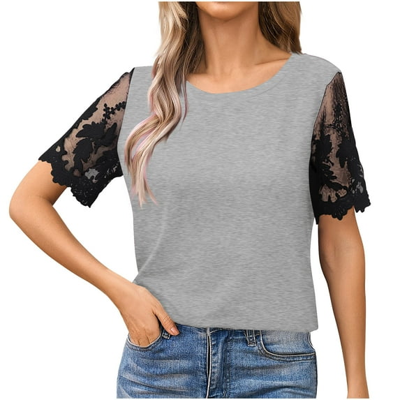 Mittory Casual V Neck T Shirts for Women Lace Short Sleeve Curved Hem Tops Loose Fit