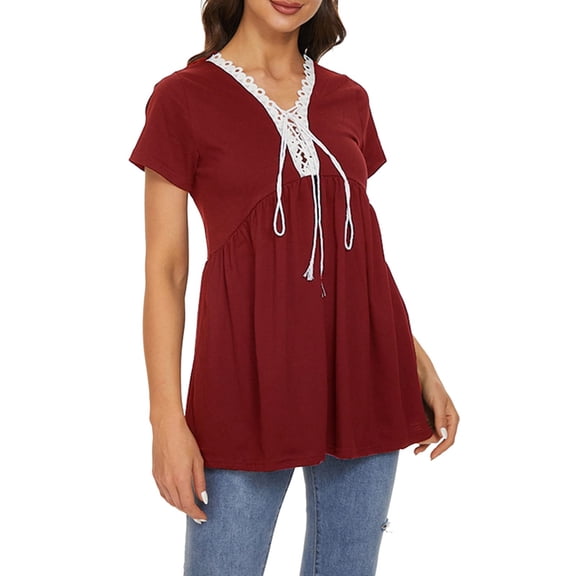 Mittory Casual V Neck Tie Neck Shirt for Women Casual Solid T-Shirt Lace Patchwork Pullover Tops Loose Patchwork Shirts