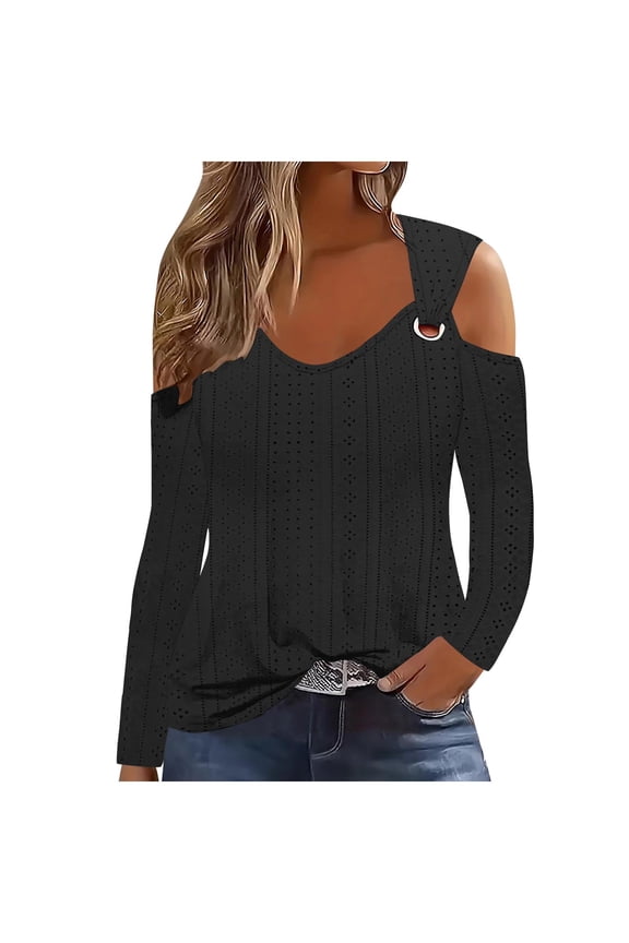Clod Sholuder Tops for Women Summer Hollow Out Eyelet Short Sleeve T Shirts Going Out Blouses Ladies Tunic