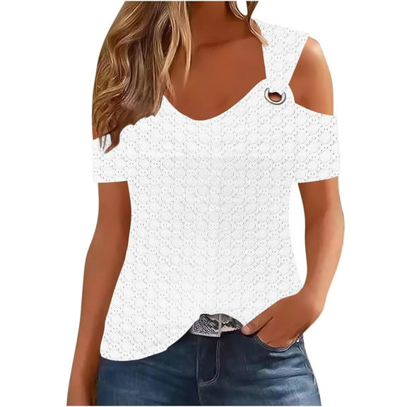 Mittory Cold Sholuder Tops for Women Summer Hollow Out Eyelet Short Sleeve Blouse Loose V Neck Tshirt Casual Tunics