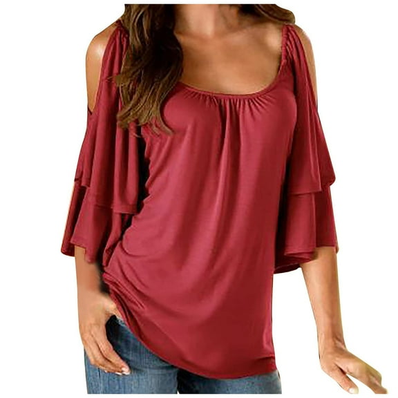 Mittory Cold Shoulder Half Sleeve Tops for Women Casual Short Sleeve V Neck Tunic Shirts